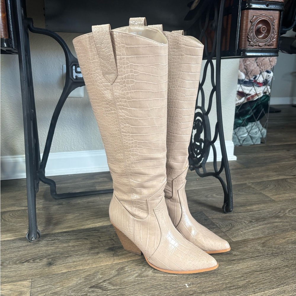 Pink Faux Croc Knee-High Boots